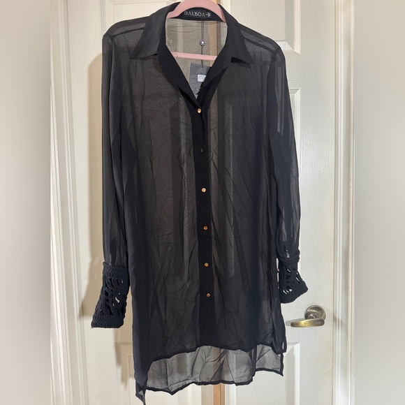 Sheer black long sleeve shirt rose gold buttons and embellished cuffs. Sz S - Picture 1 of 6